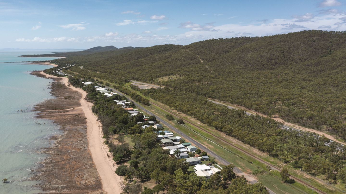 Aerial view of Clairview, a town on the Bruce Highway halfway between Rockhampton and Mackay, Queensland, Australia.