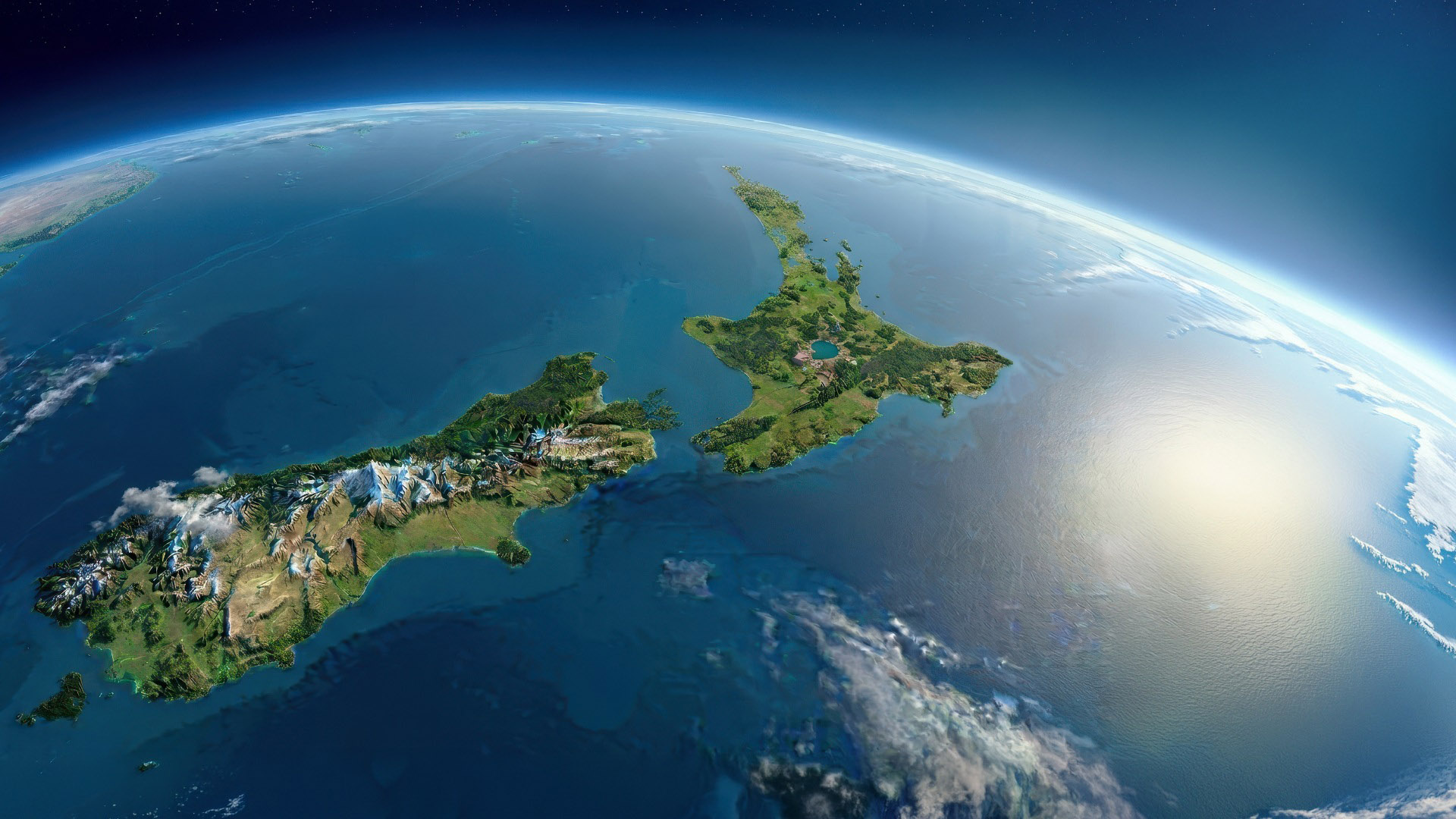 A detailed 3D digital rendering of New Zealand as viewed from space.
