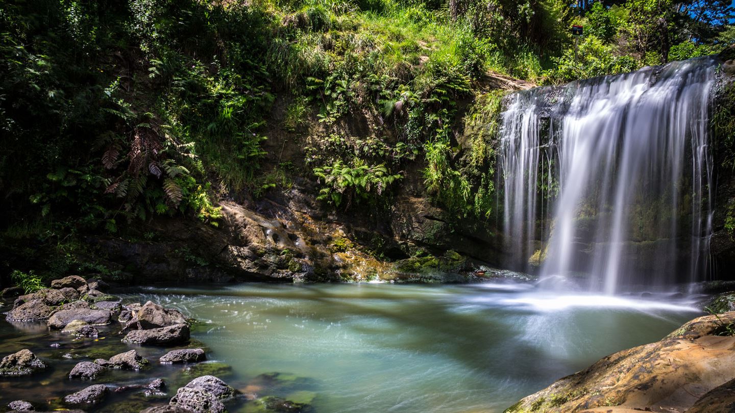 The Oakley Creek Waterfall, located in Auckland, New Zealand.