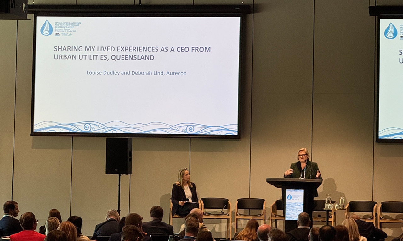 Louise Dudley, Strategic Advisor at Aurecon, speaks at the Water NZ Conference, Local Water Done Well, alongside Dr Deborah Lind, Water Industry Leader at Aurecon.