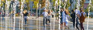 Children funning through city water feature. Presenter images overlayed: Tiffany Crawford, Krista Milne, Michael Nolan.