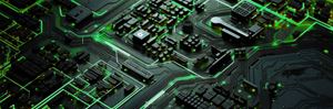 Ai generated image of a motherboard with photos of presenters overlayed. Presenter order top to bottom: Andriy Mulyar, Dave Mackenzie.