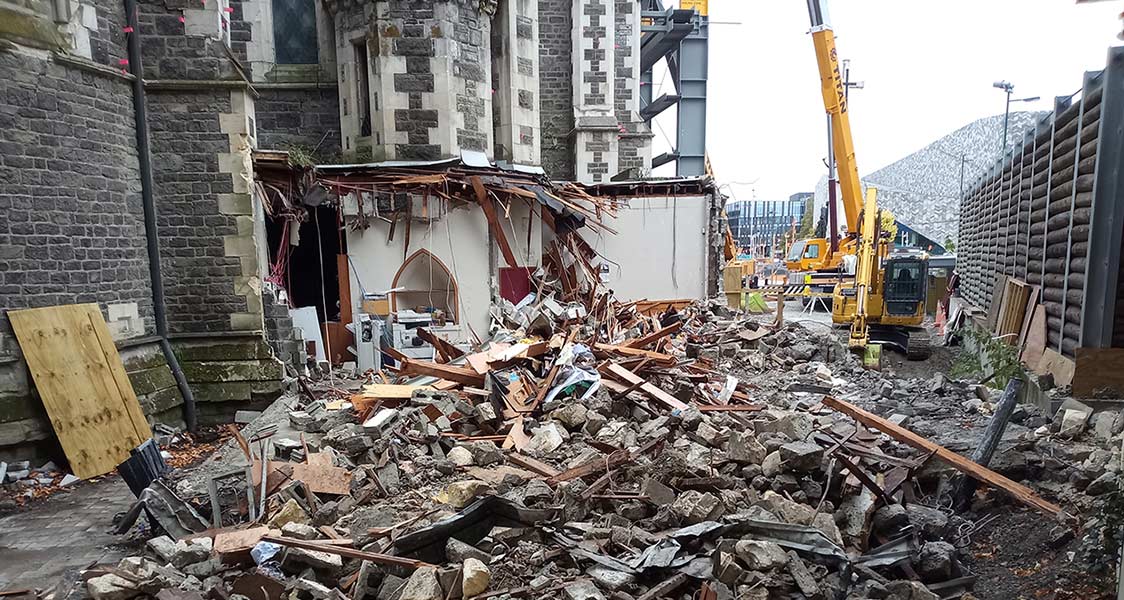Protranz partnered with Aurecon to adapt their innovative unmanned excavators to clear the debris inside the Christ Church Cathedral.