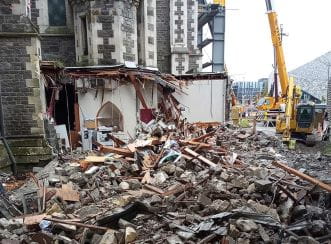 Protranz partnered with Aurecon to adapt their innovative unmanned excavators to clear the debris inside the Christ Church Cathedral.