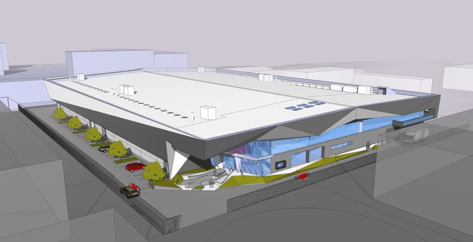 A 3D drawing of the Equinix Data Centre from above showing the size of the centre