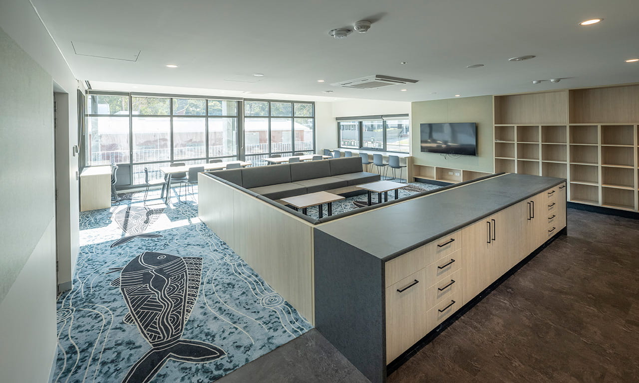 Dreamtime Flooring, a fully Indigenous owned and operated business, installed carpet in the common rooms that feature Indigenous works of art.