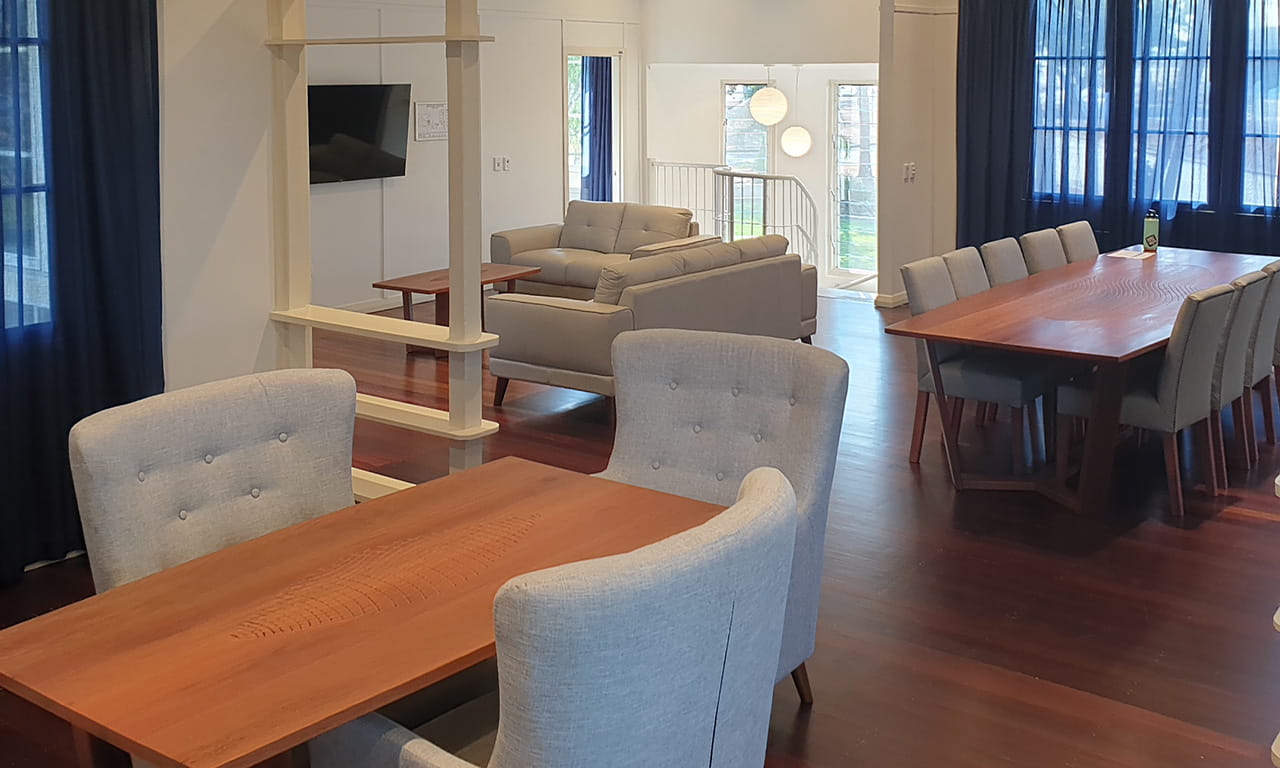 The Banksian House living and dining area, after restoration works by Aurecon.