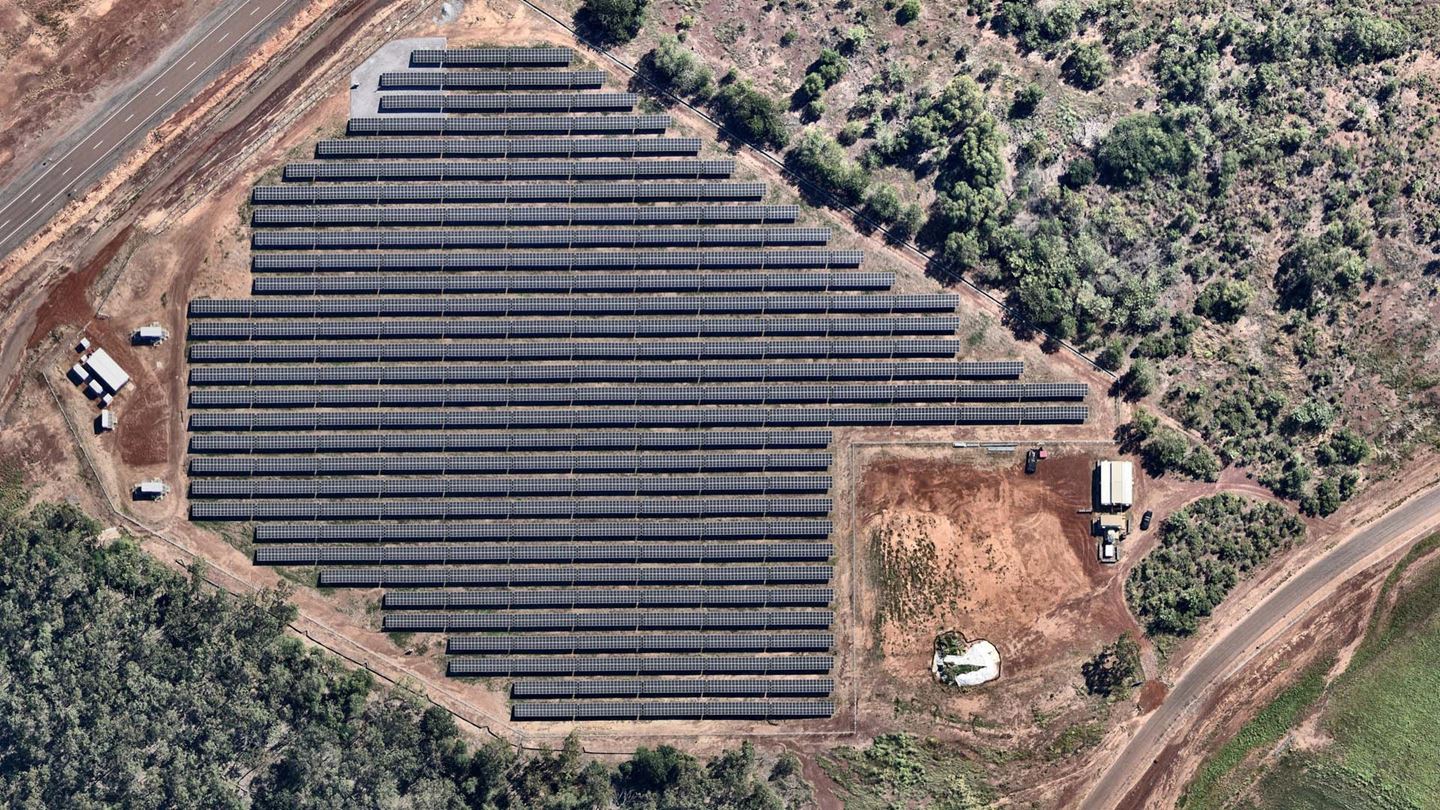 Overhead visual image of the solar farm at RAAF Darwin base.