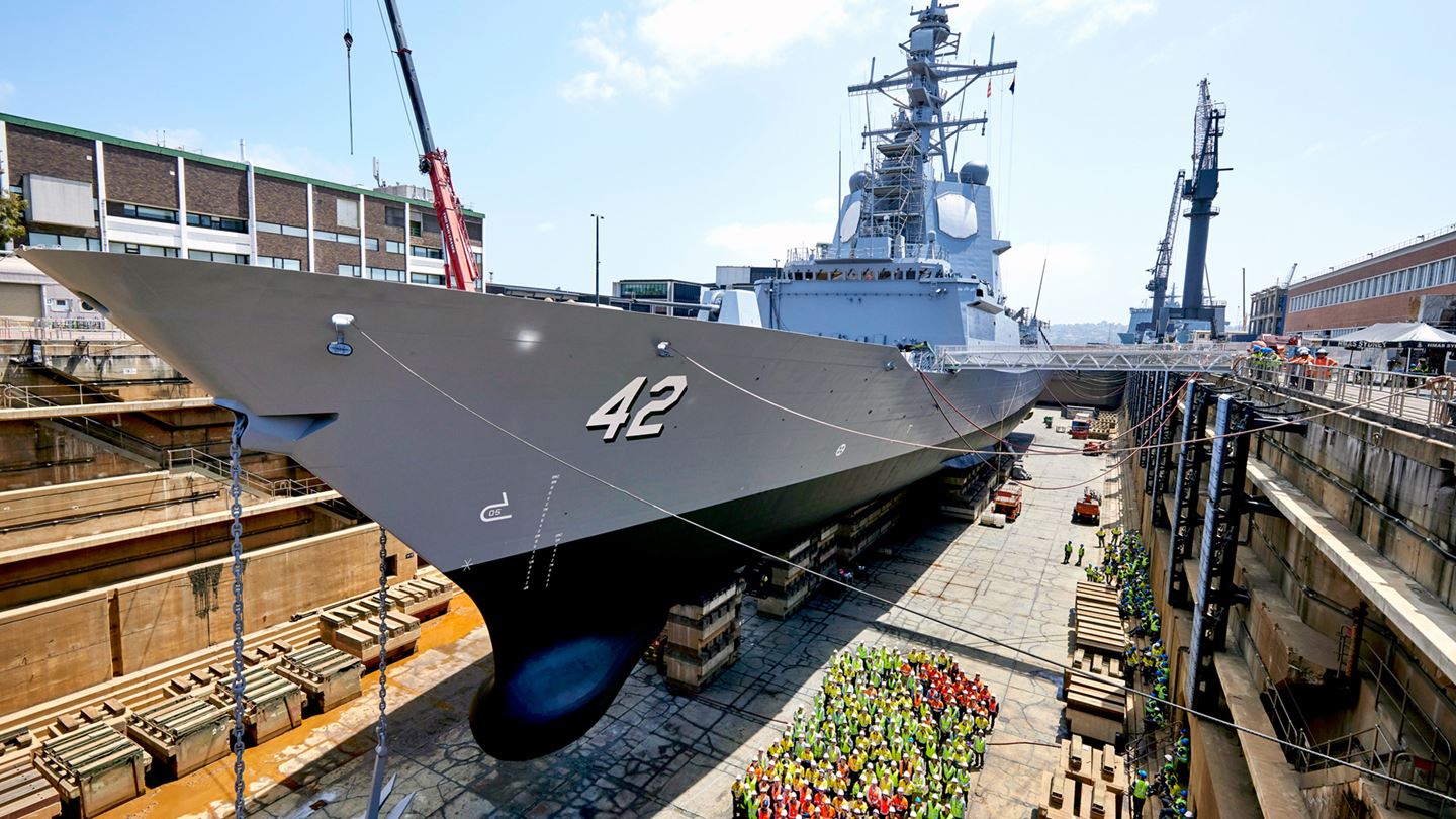 One of ships of the Hobart Class DDG in the dry dock at Garden Island, NSW. Image courtesy of BAE Systems Australia.