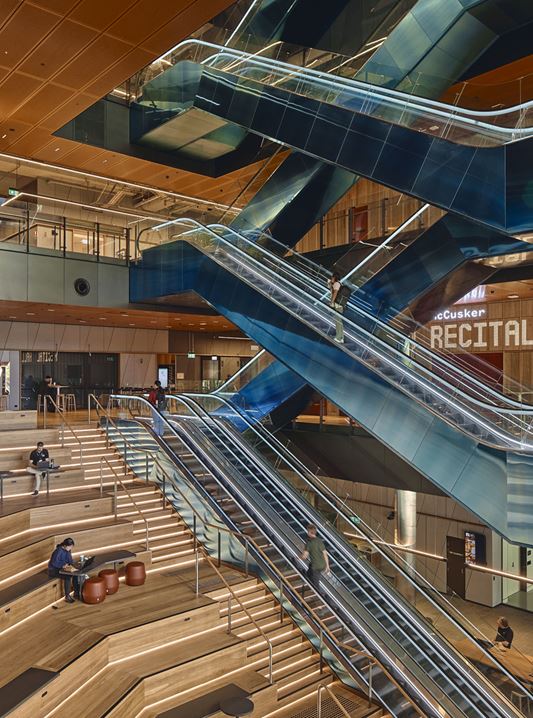 The campus integrates teaching, performance, business, law, creative industries, and technology into one connected destination in Perth’s CBD.