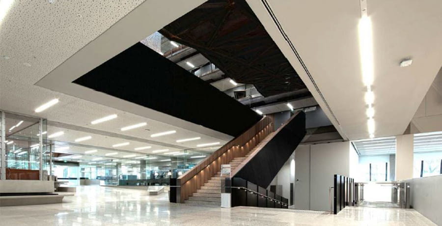 The stair design showcases the vibrancy of the student and academic community.