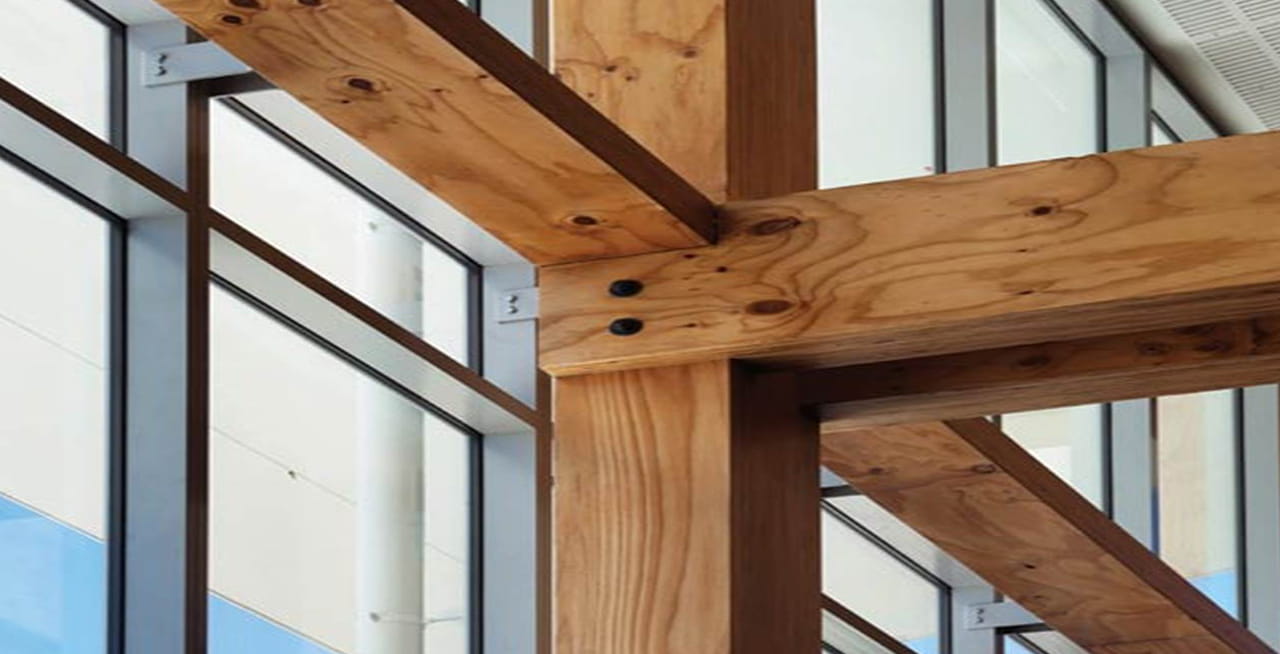 One of the many timber structural beams used throughout the Nelson Marlborough Institute of Technology Arts and Media building.