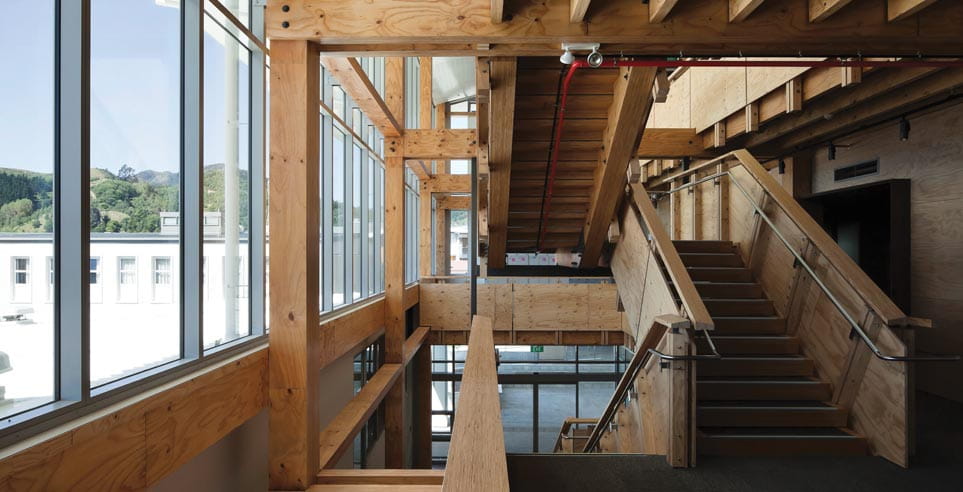 Interior view that shows how much of the Nelson Marlborough Institute of Technology Arts and Media building was made using timber. 