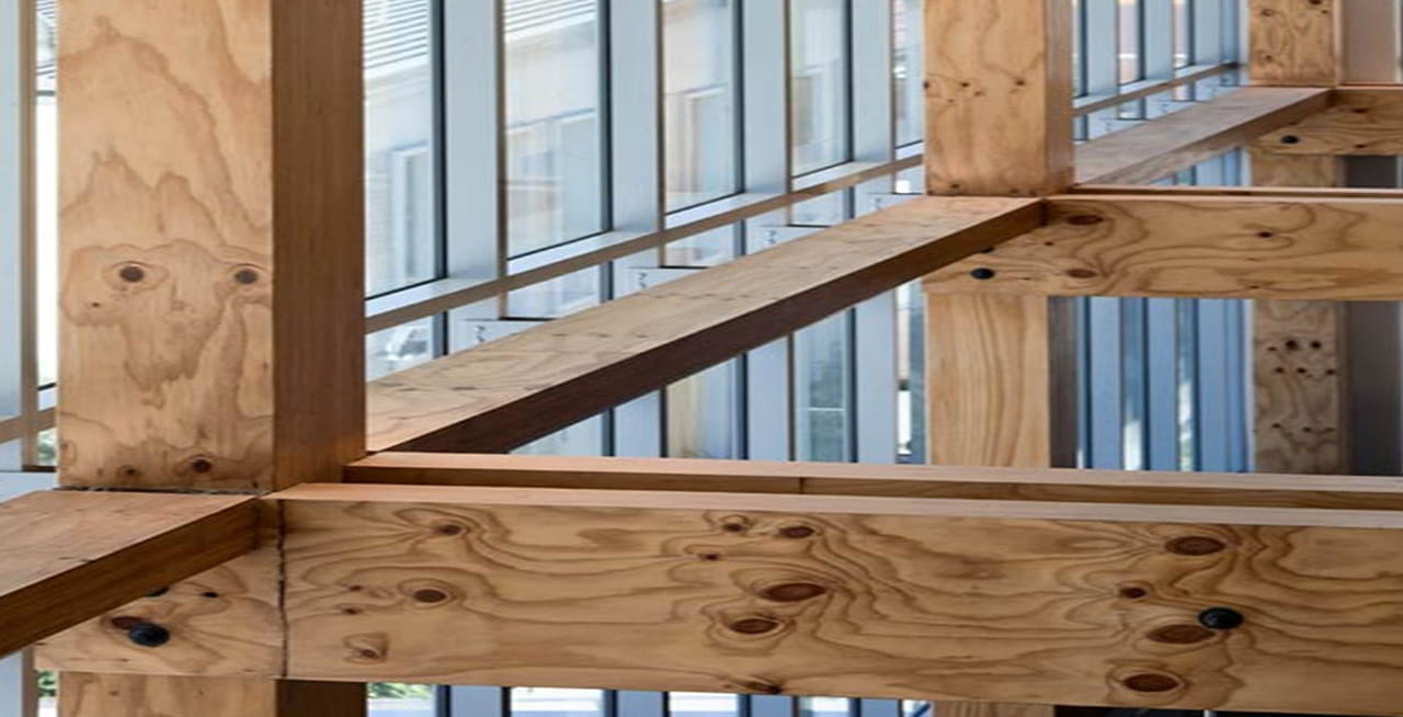 Another view of some of the many timber structural beams used throughout the Nelson Marlborough Institute of Technology Arts and Media building.