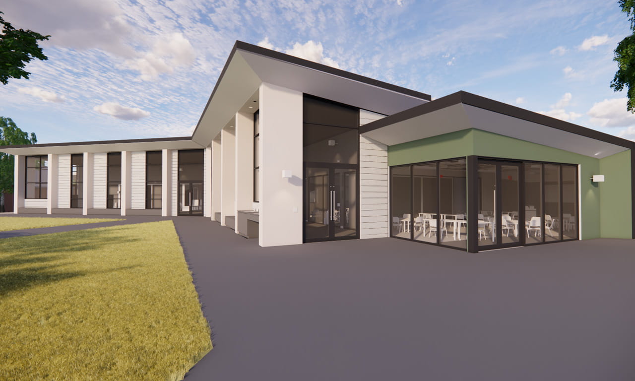 A render depicting the new modular construction building at Woodcroft Primary School with new learning spaces and improved connectivity to existing buildings. 