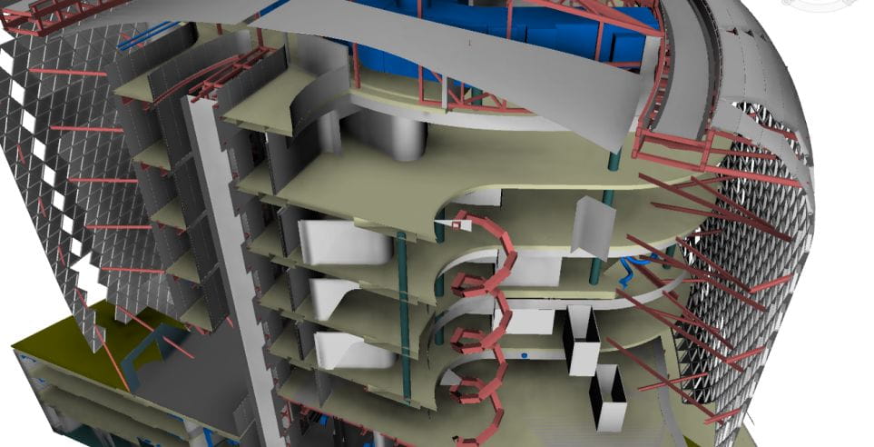 Building information modelling (BIM) design approach was used to coordinate the complex structural form.