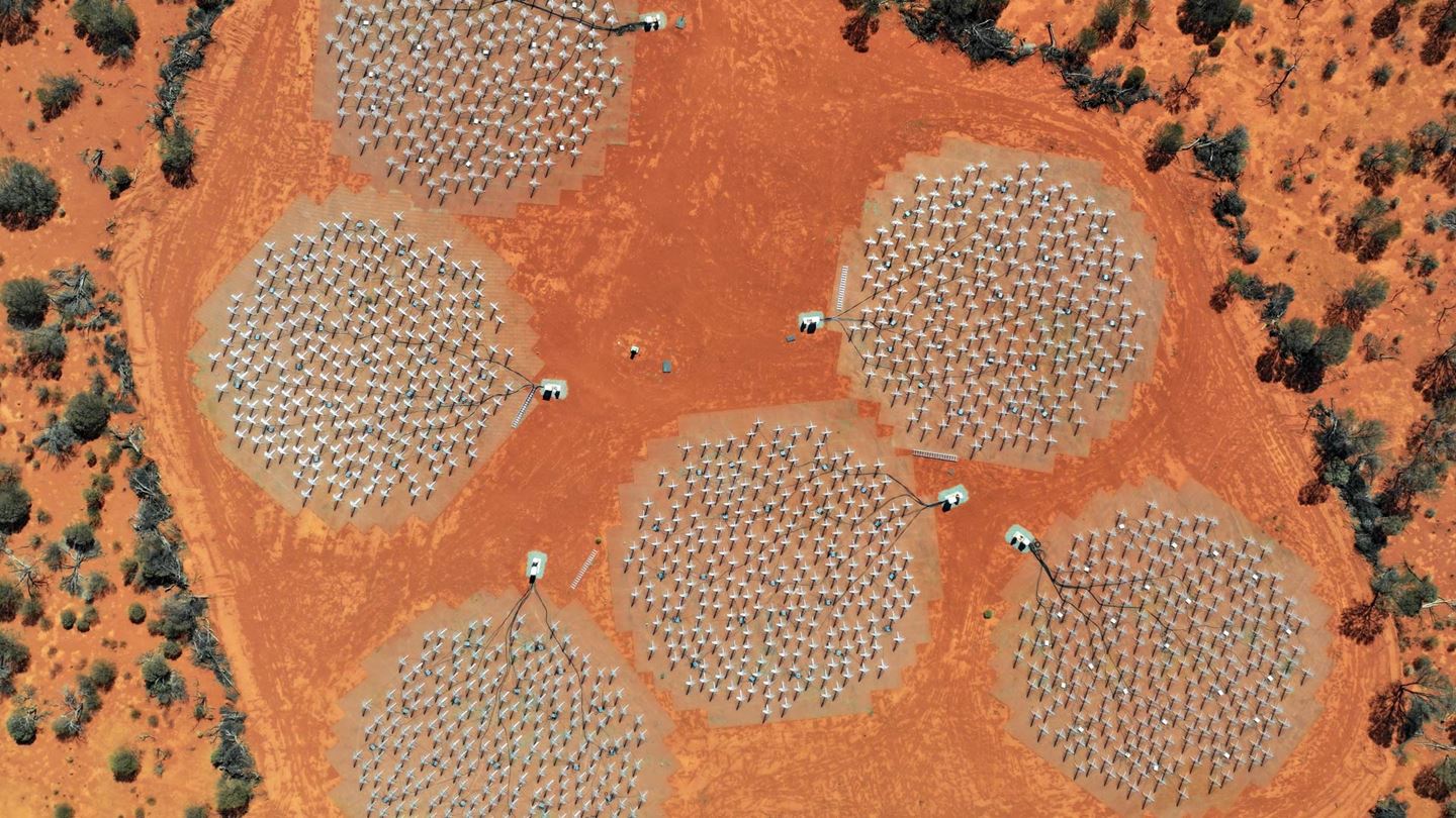 Aerial view of the S8 station antenna cluster at the Murchison Observatory in Western Australia.