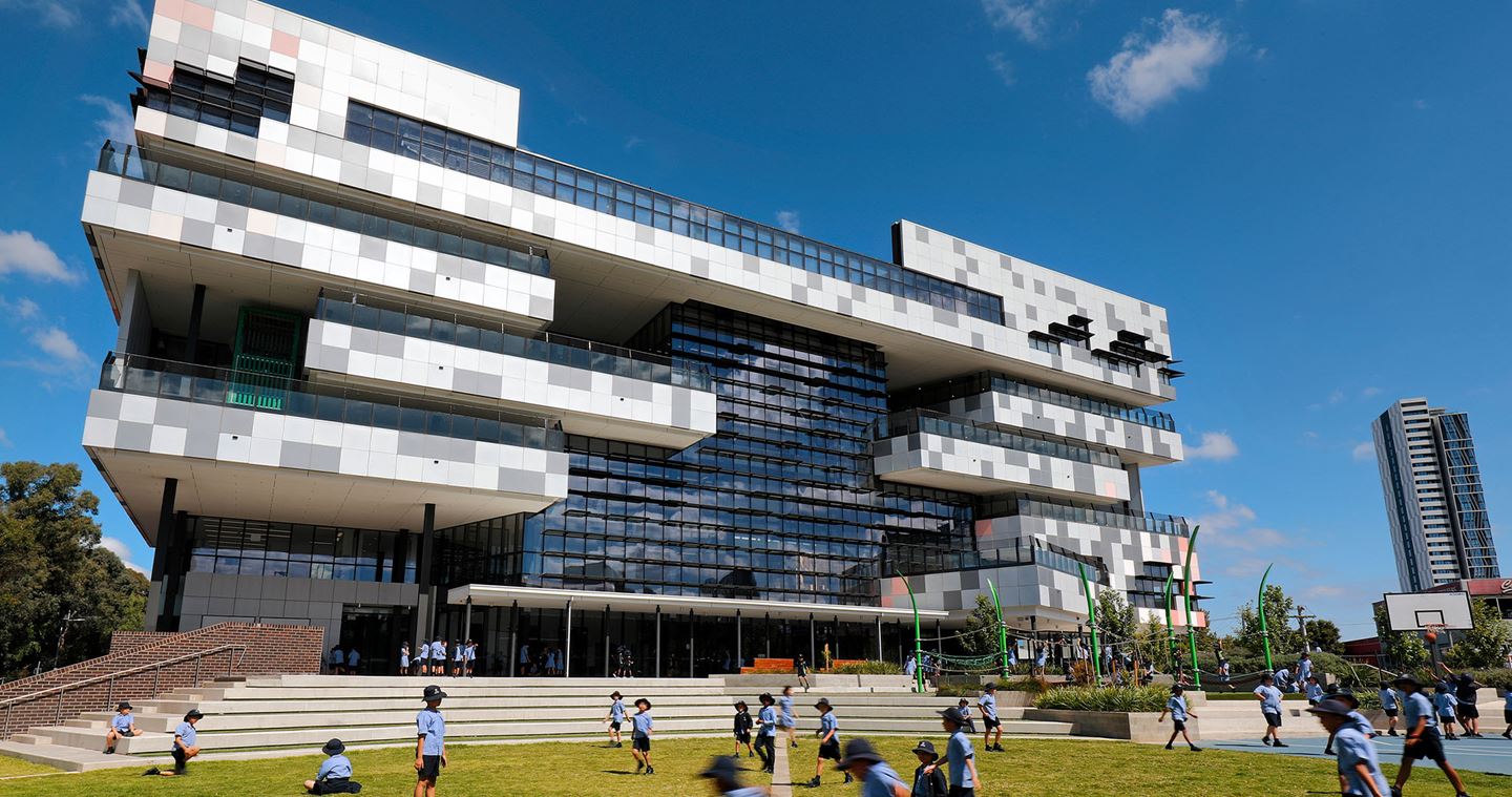 South Melbourne Primary School is a unique vertical school design innovation. Image courtesy of the Victorian School Building Authority (VSBA).