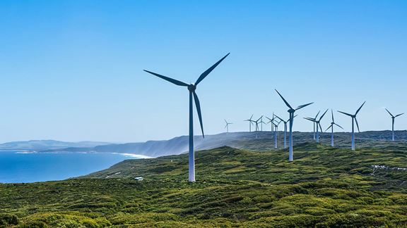 Wind turbines on a wind farm, Albany, Western Australia, Australia.