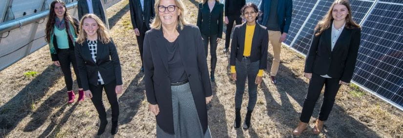Professor Peta Ashworth, Director of the Andrew N. Liveris Academy for Innovation and Leadership and UQ Chair in Sustainable Energy Futures, with students at the opening of Warwick Solar Farm. Image courtesy of Glenn Hunt.