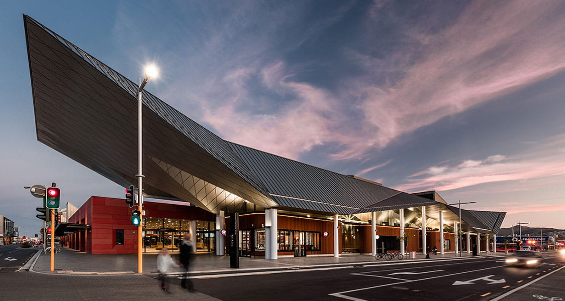 The hub integrates buses, intercity coaches, taxis, and cyclists as well as anticipating opportunities for future light rail.