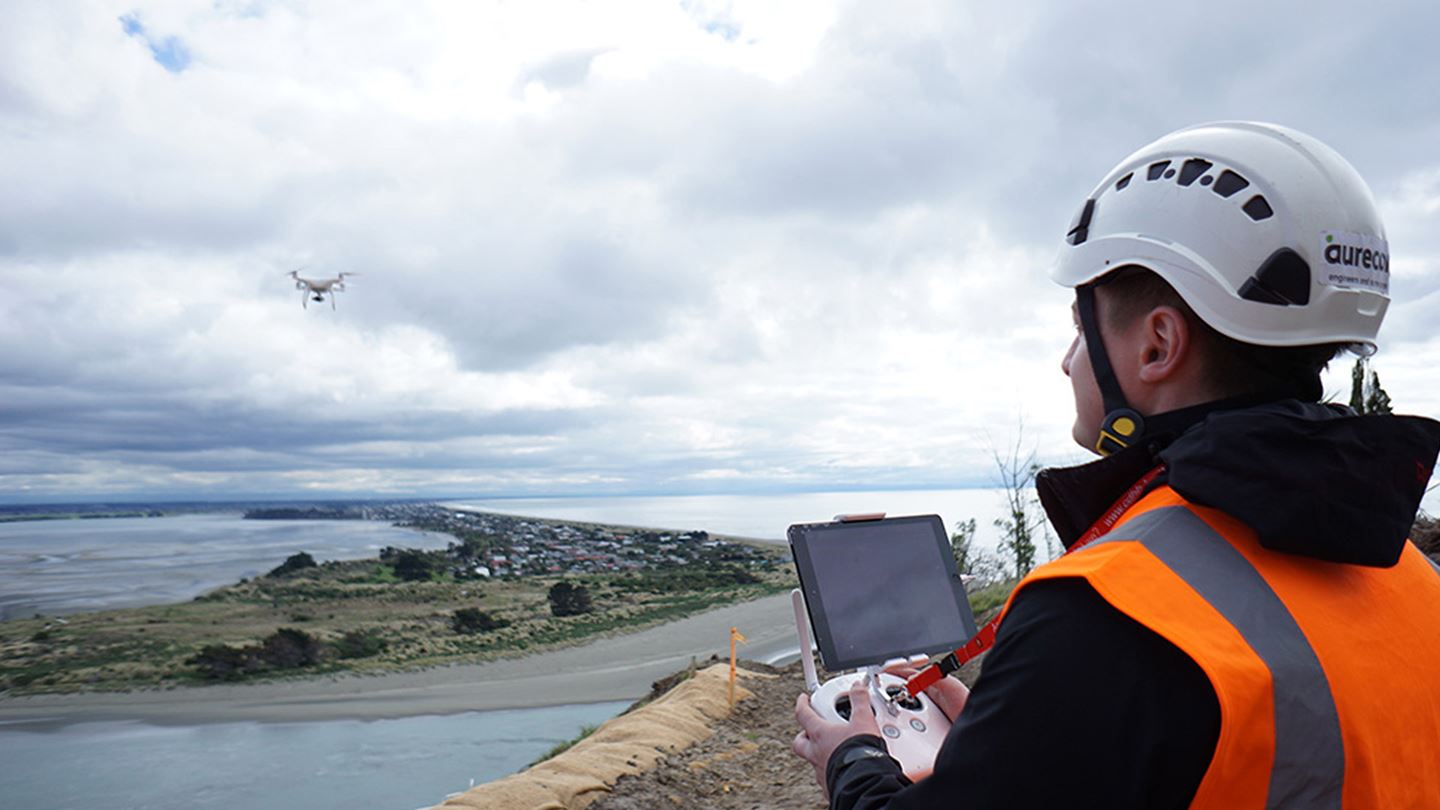 Aurecon employee using a drone over Christchurch.