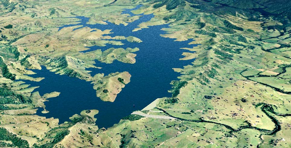 An aerial view of the Williams River, the proposed location of the Tillegra Dam.