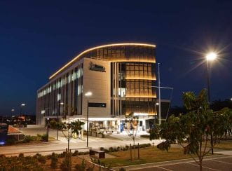 Exterior view of Mater Private Hospital Springfield at night. Image courtesy of Watpac and DMW Creative.