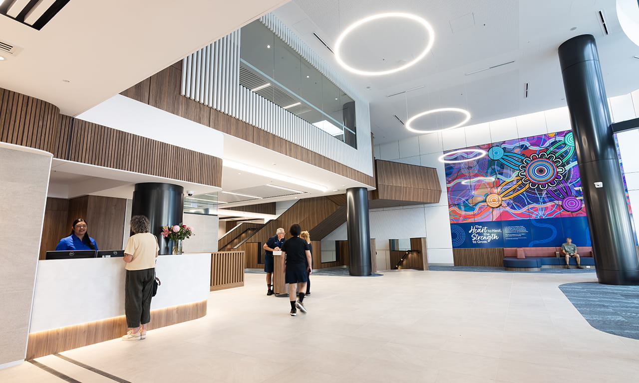The new reception and welcome area located at the main entrance of the hospital.