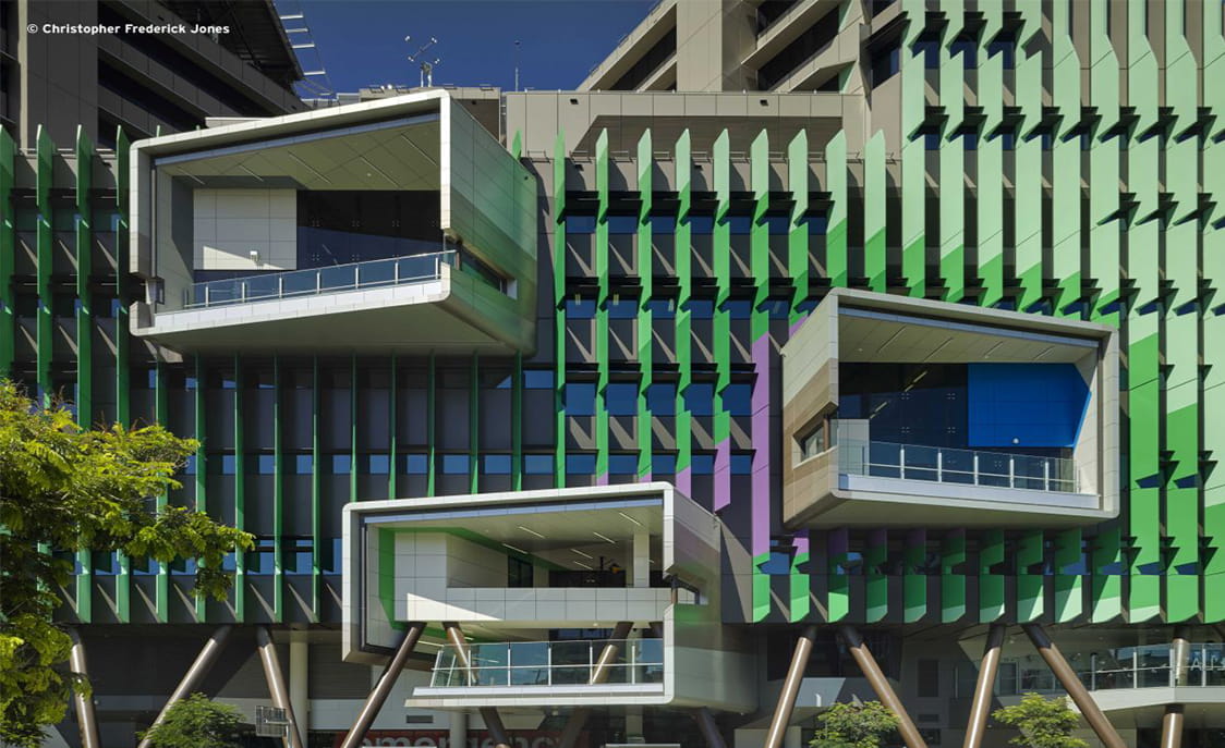 A view of some of the large window areas within the Queensland Childrens Hospital. Image courtesy of Christopher Frederick Jones.
