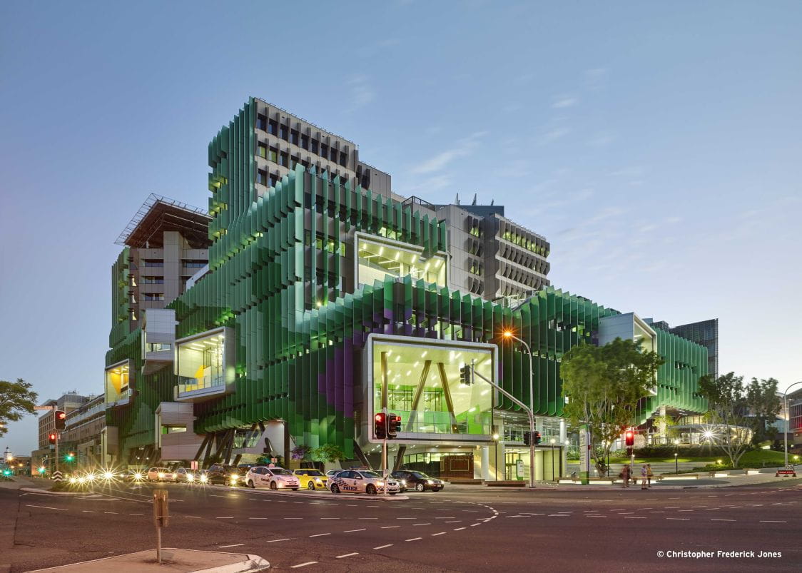 Exterior view of the Queensland Childrens Hospital at night. Image courtesy of Christopher Frederick Jones.