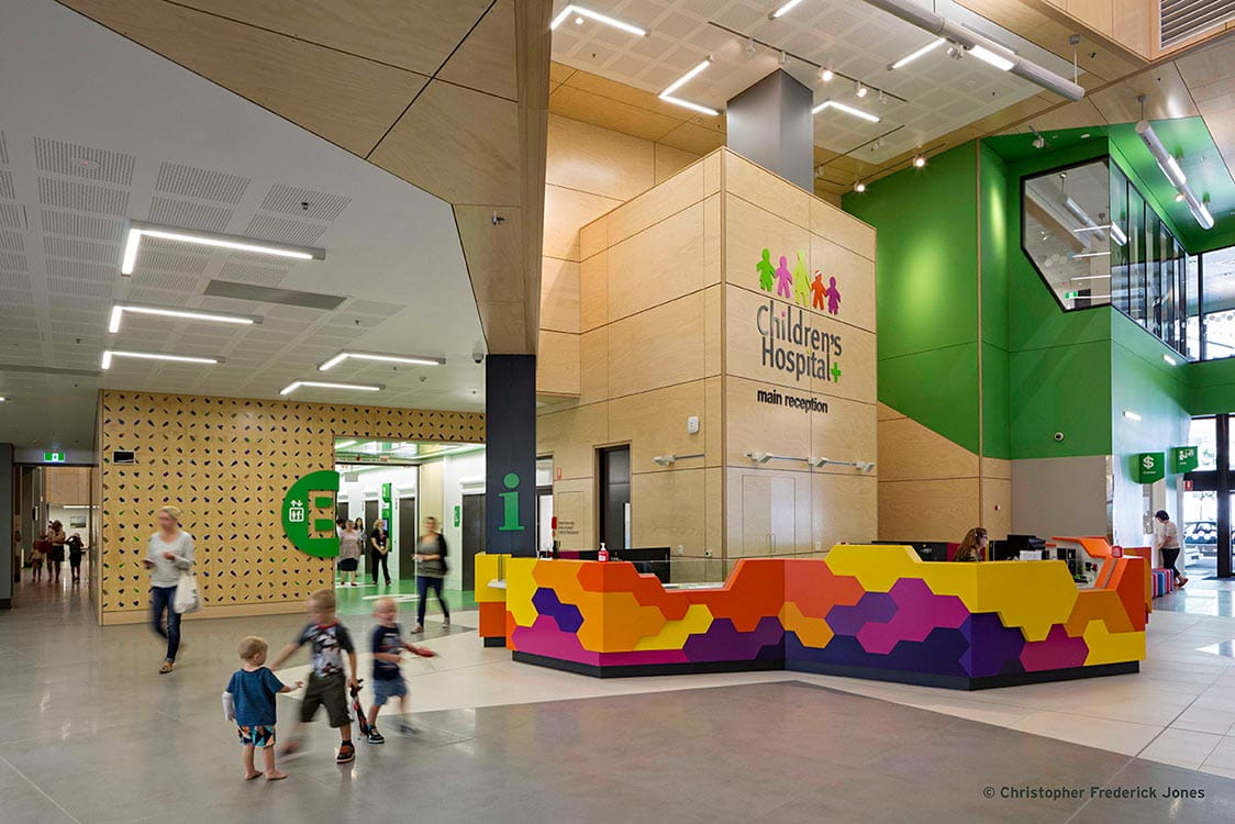 The entrance interior at the Queensland Childrens Hospital. Image courtesy of Christopher Frederick Jones.