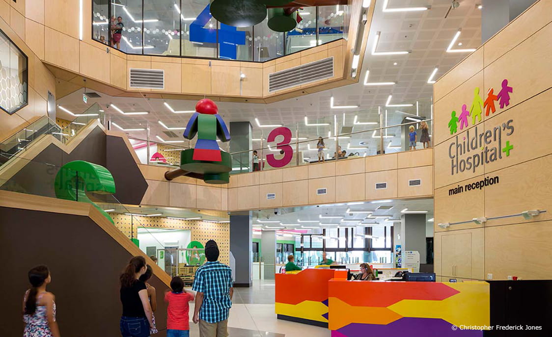 A ground view of the entrance at the Queensland Childrens Hospital. Image courtesy of Christopher Frederick Jones.