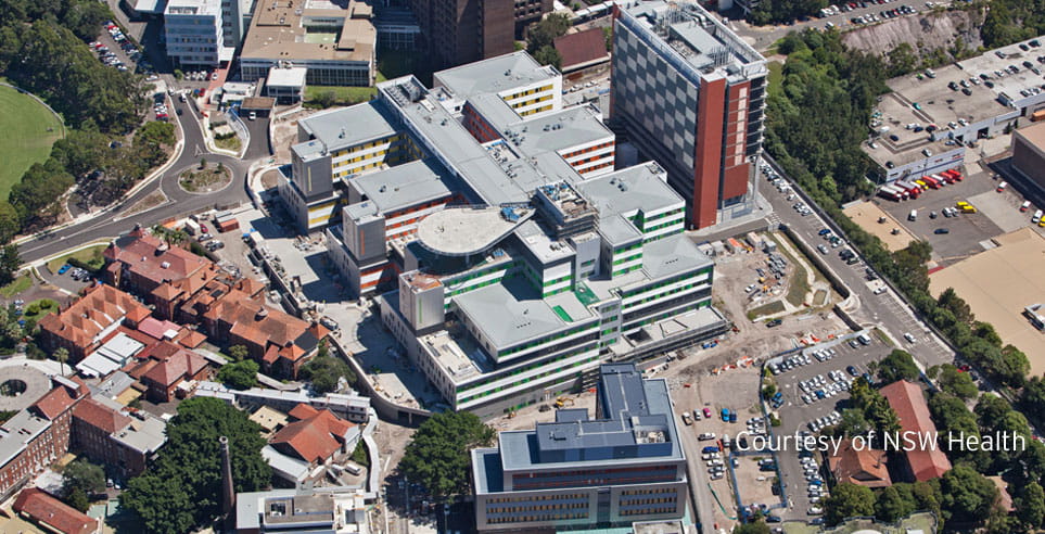 The Royal North Shore Hospital in Sydney underwent a redevelopment encompassing a 96,000m², nine-floor acute facility. Image courtesy of NSW Health.