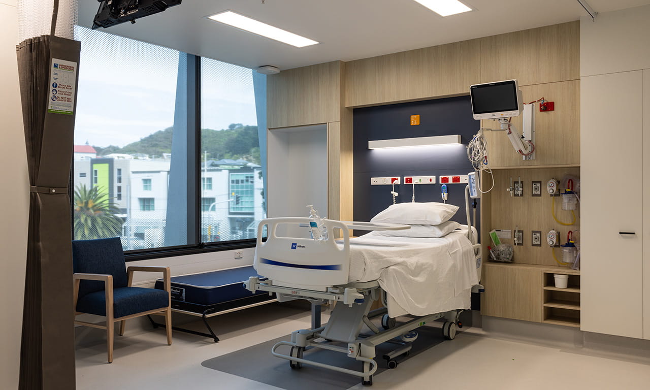 The human-centred design includes pull-out beds in patient rooms allow parents to stay with their children at the hospital.