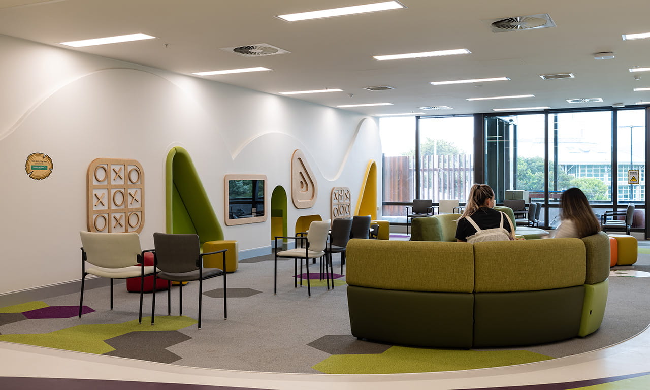 Vibrant colours are used throughout the interior design of the Wellington Children's Hospital.