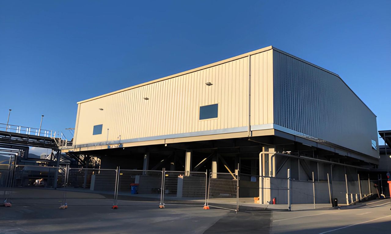The finished exterior of the press hall.