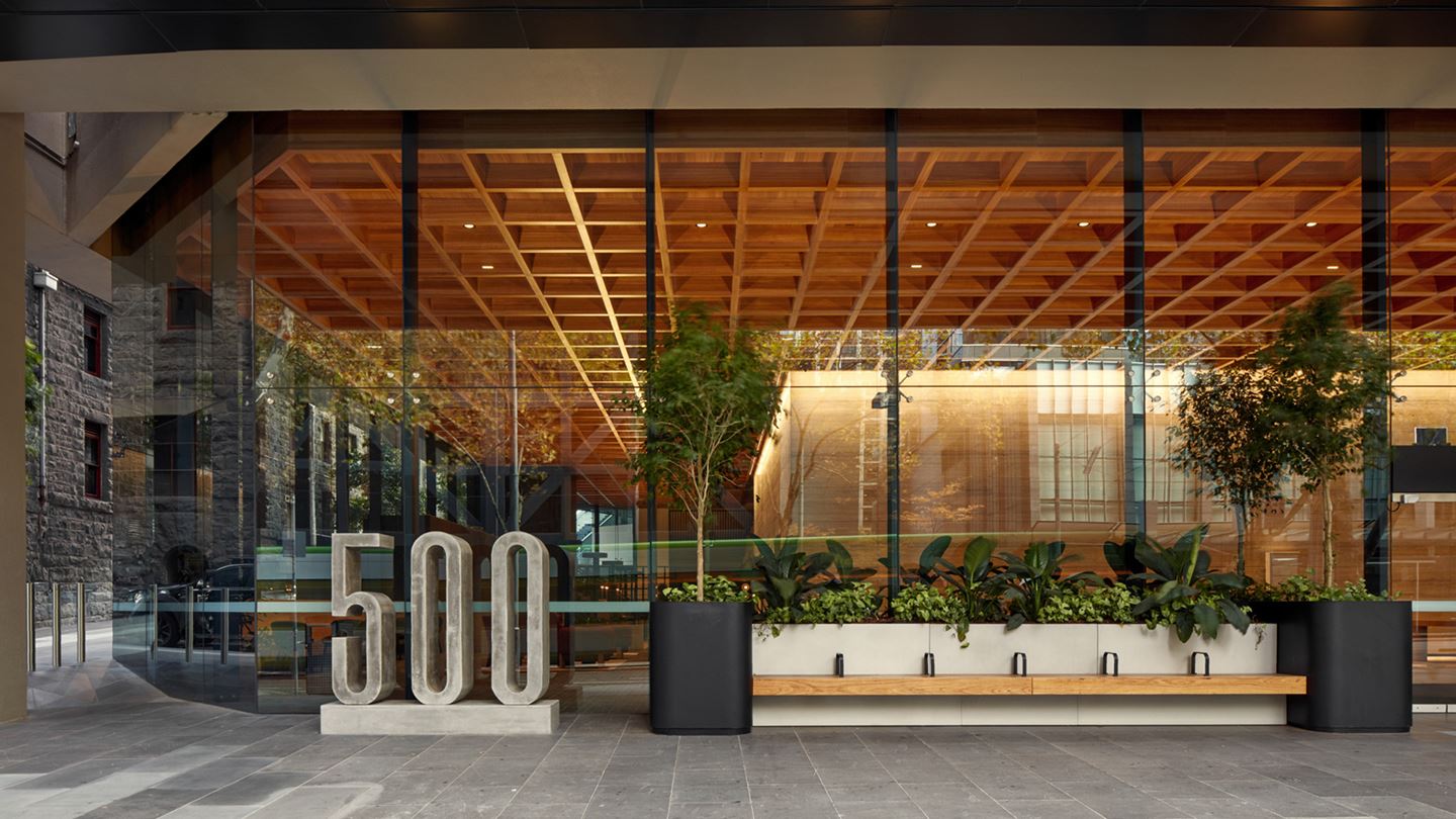 The 36-level office tower is a strong presence within its surrounding precinct.