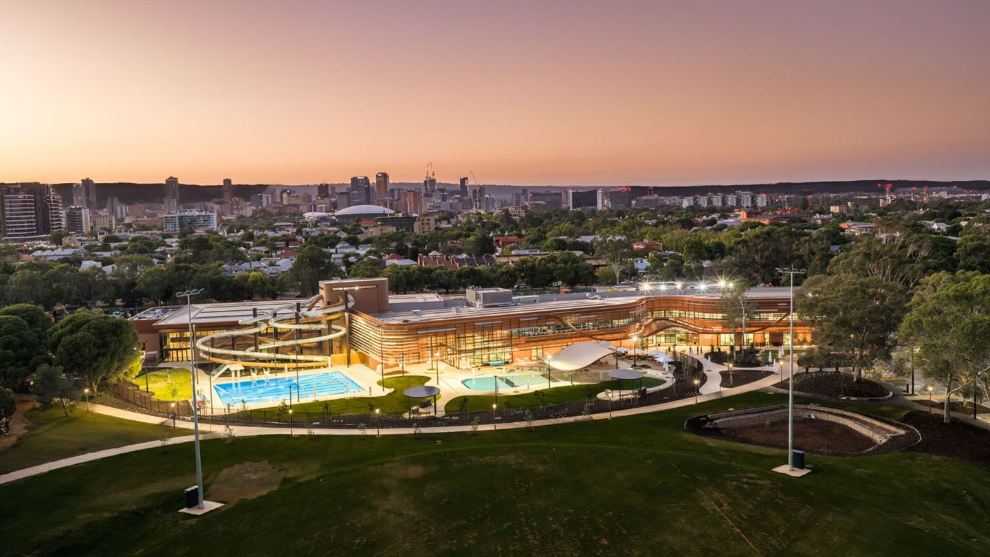 The $135 million Adelaide Aquatic Centre is one of Australia’s first large-scale all-electric aquatic facilities. Image courtesy of DIT.