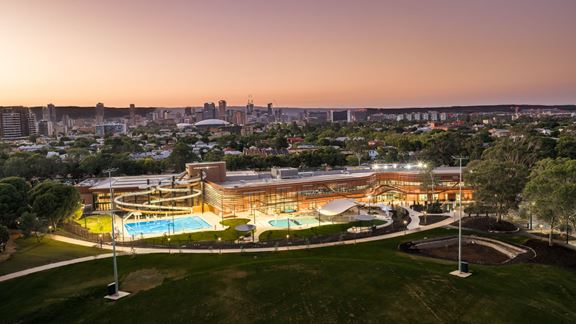 The $135 million Adelaide Aquatic Centre is one of Australia’s first large-scale all-electric aquatic facilities. Image courtesy of DIT.
