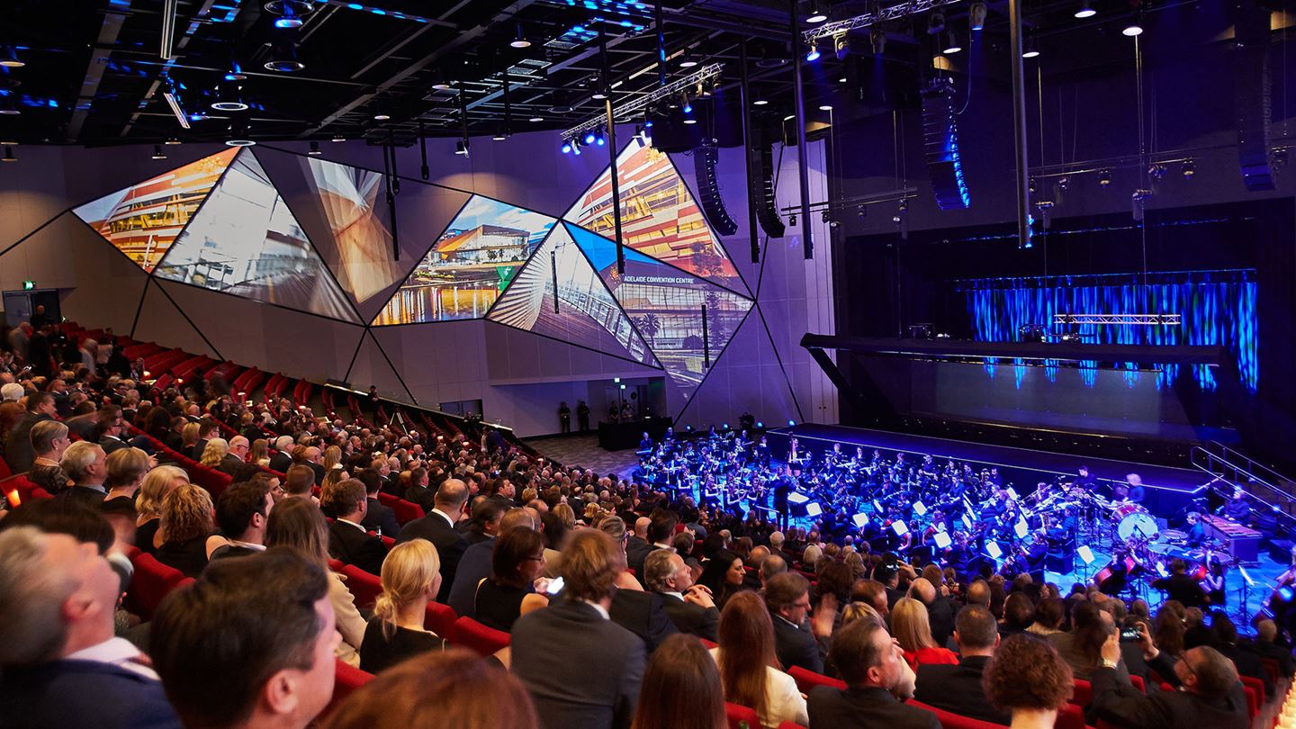 The plenary hall can be transformed into a column free dining room within minutes. Image courtesy of Adelaide Convention Centre.