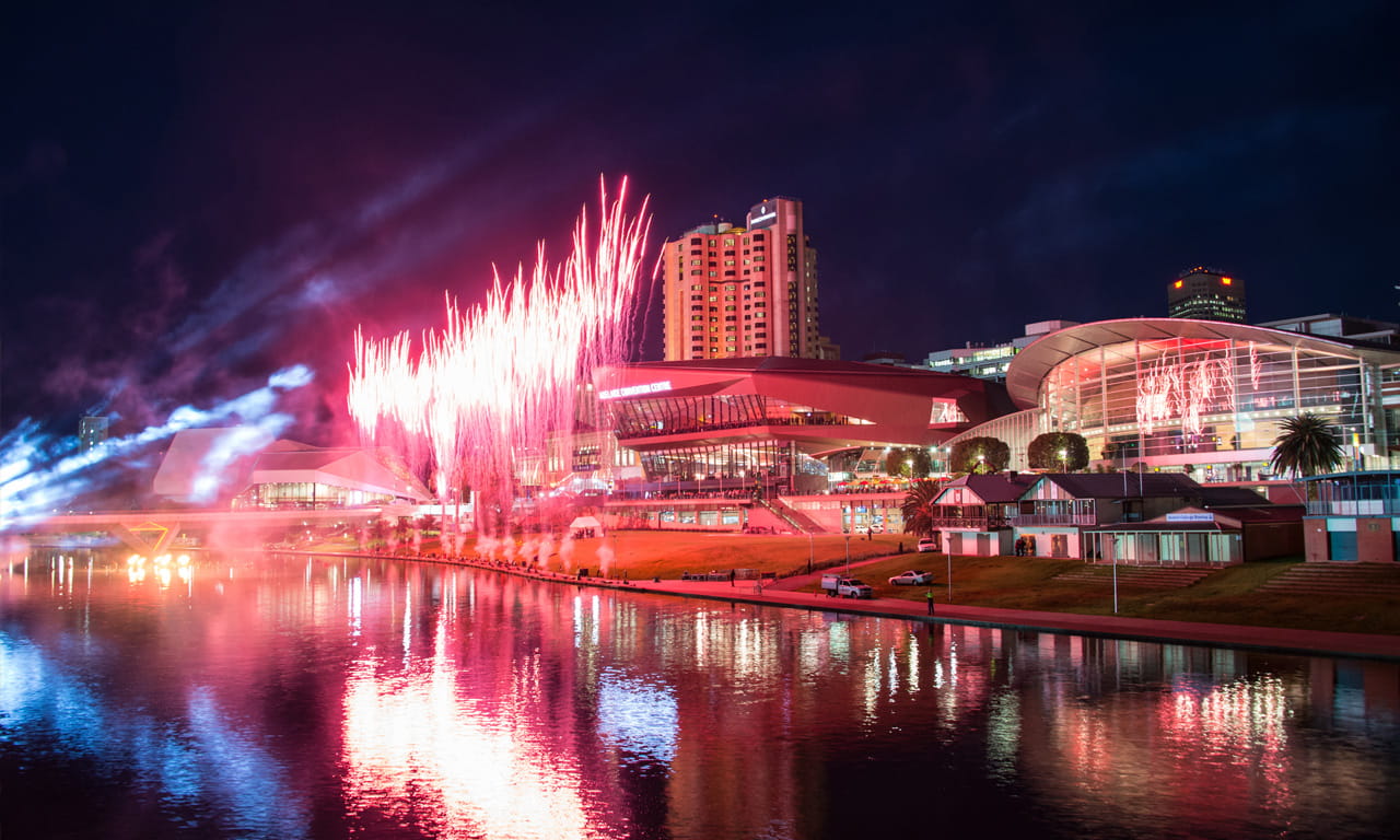Adelaide Convention Centre exterior light and pyrotechnic performance. Image courtesy of Adelaide Convention Centre.