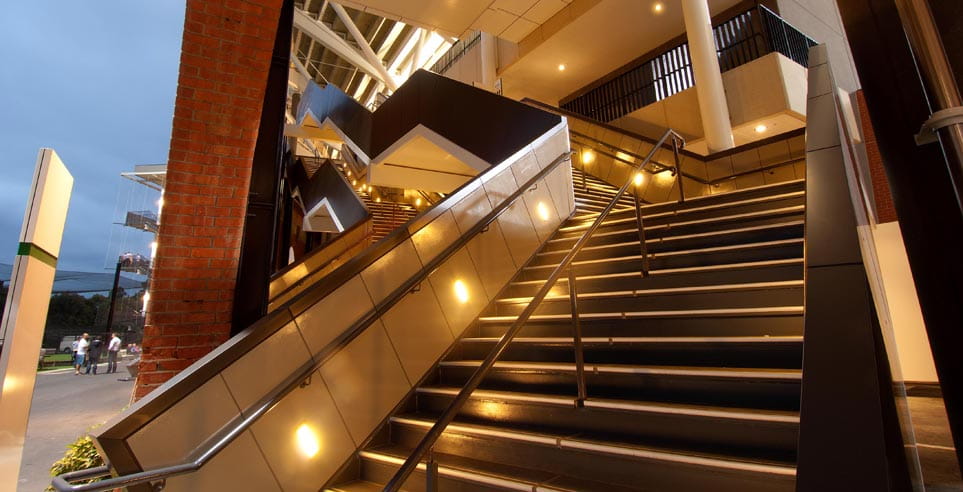 Looking up the stairs, at night - Adelaide Oval Western Grandstand.