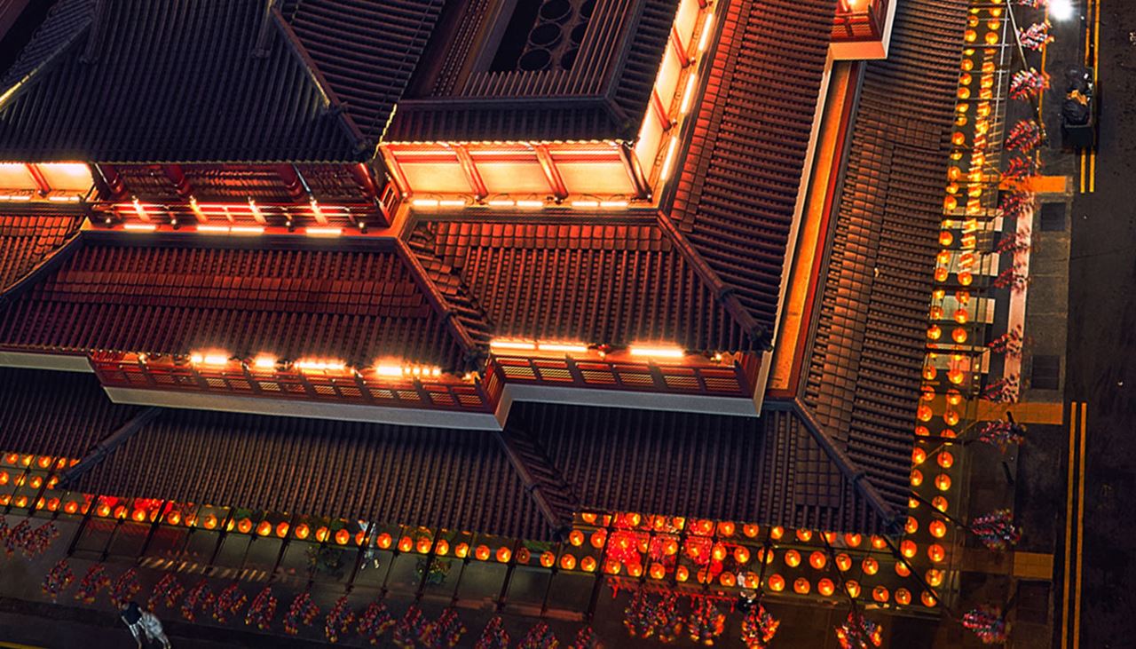 A birds-eye view of the updated lighting features of the Buddha Tooth Relic Temple and Museum.