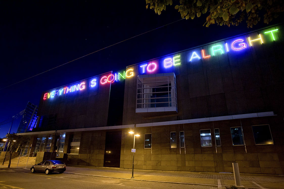 Exterior of the Christchurch Art Gallery, shown here at night.