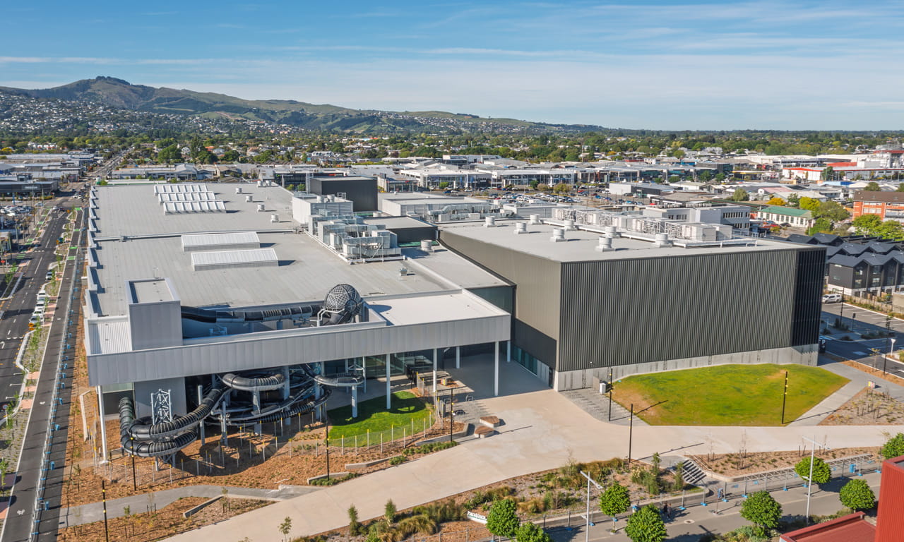 Exterior view of hydro slides: Parakiore fills a critical gap in Canterbury's sporting infrastructure while serving as a community anchor.