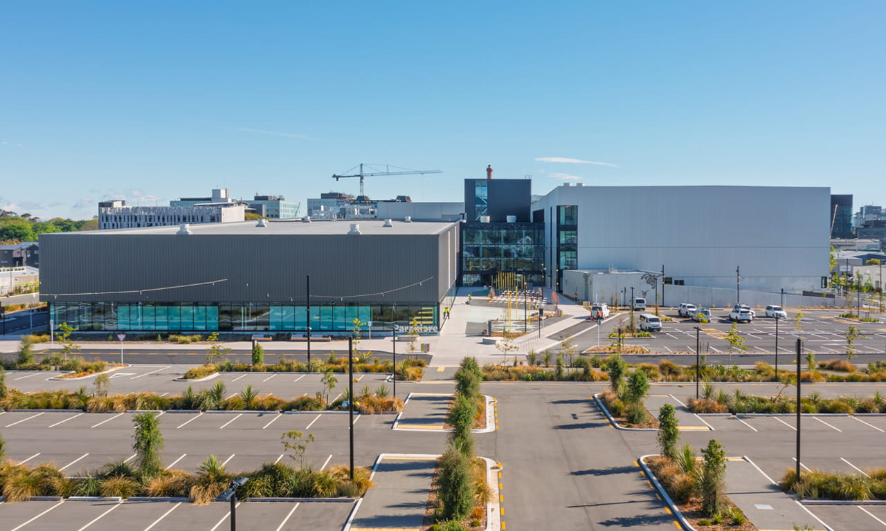 Exterior view of Parakiore's Southern Entry: Open spaces are designed to complement the facility and reflect the unique landscapes of the Canterbury region.
