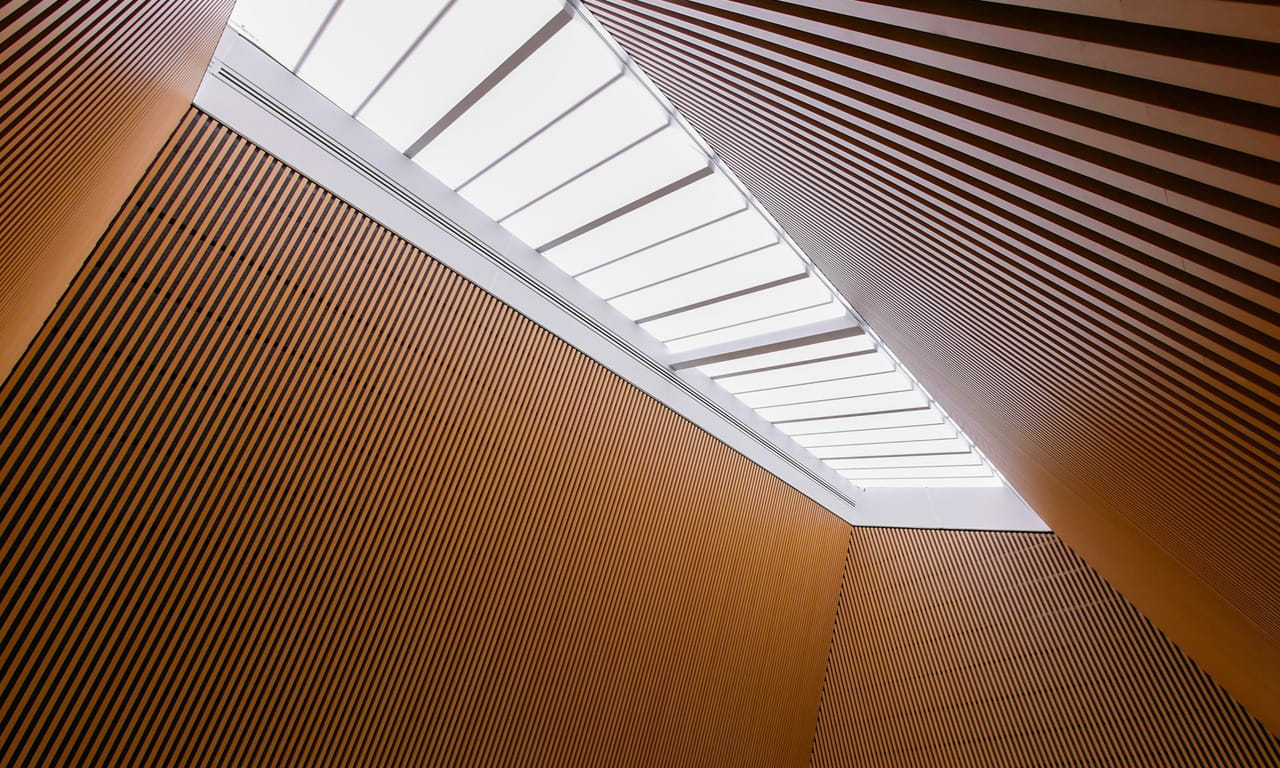 Interior view of timber roof over Parakiore's competition pool.