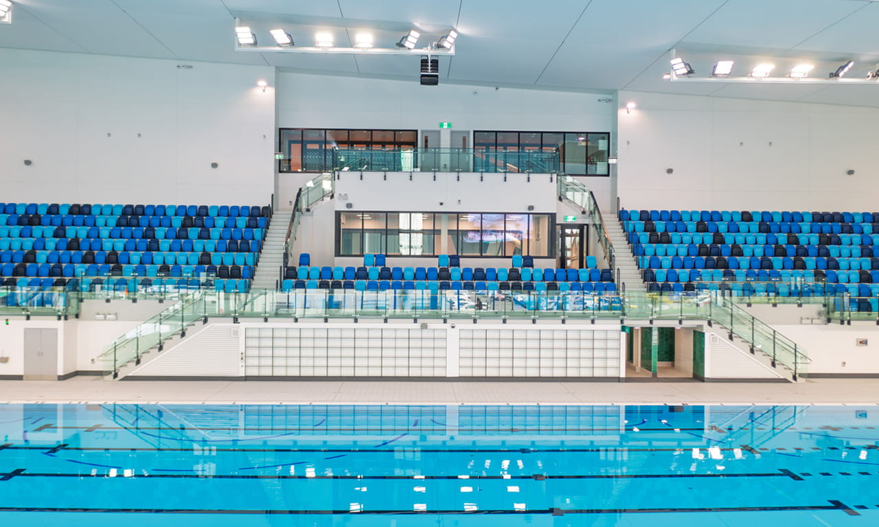 The 50 m competition pool at Parakiore can be configured for 25 m swimming, water polo, canoe polo, and underwater hockey, and features a movable floor that can be raised to ‘zero’ depth for multi-sport events.