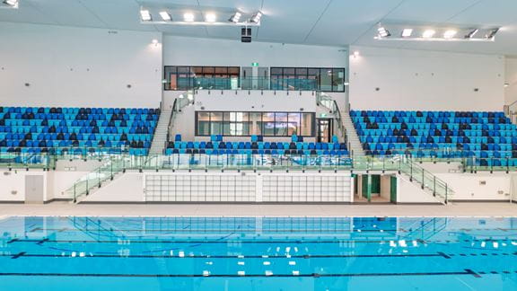 The 50 m competition pool at Parakiore, the largest aquatic and indoor sports venue in New Zealand.
